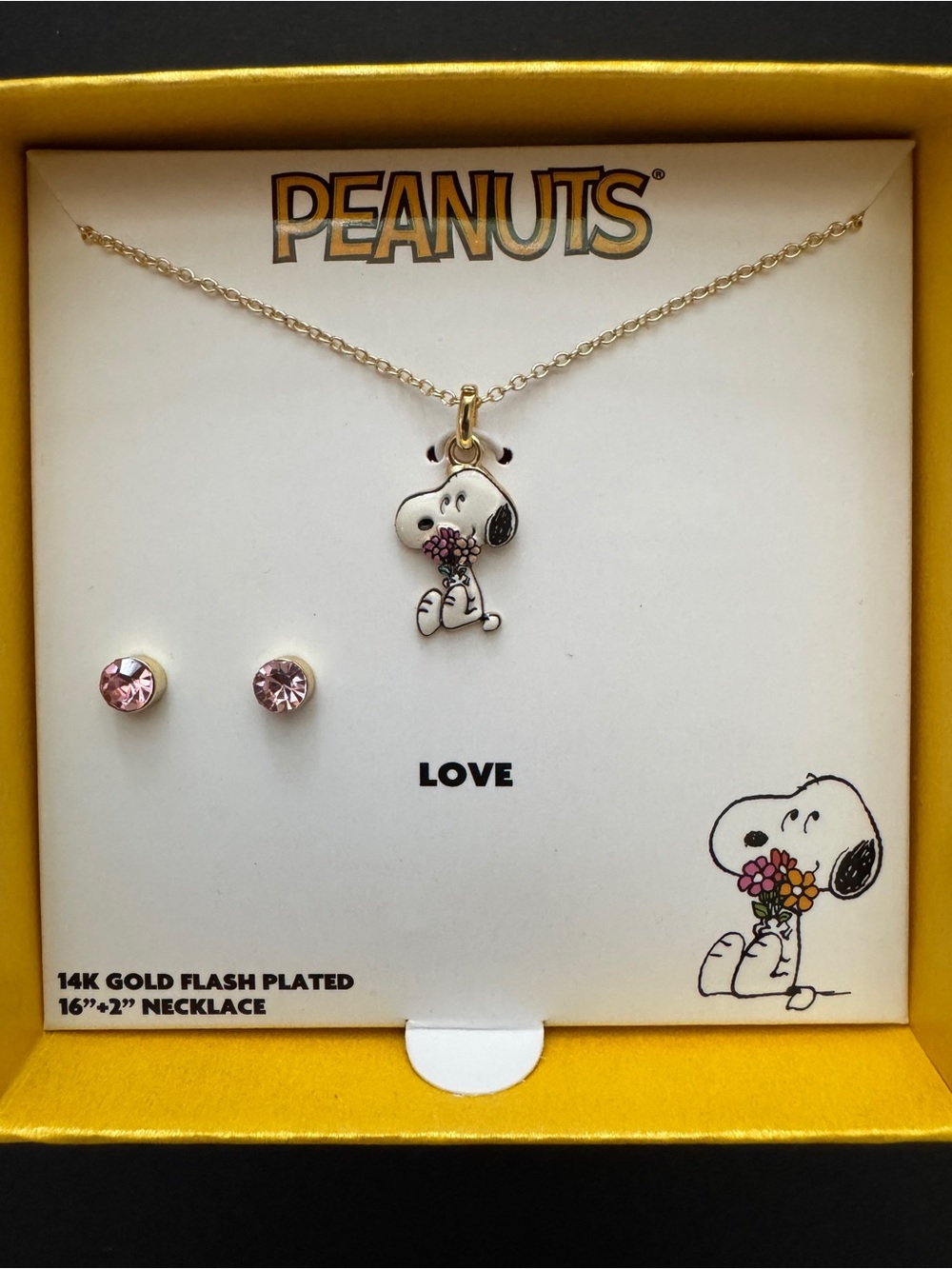 Peanuts Snoopy Necklace and Pink Crystal Stud Earrings 14K Gold Flash Plated